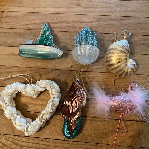 6 POTTERY BARN Coastal Nautical Ornaments - Mermaid*Shell Heart*Conch Shell+ - Picture 2 of 2